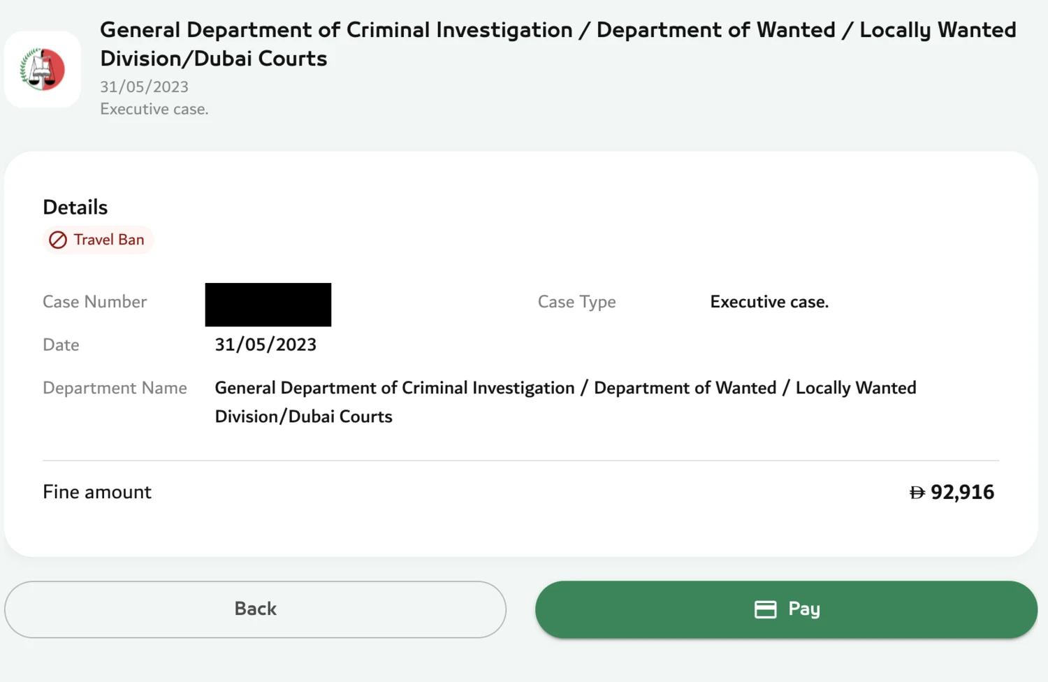 Official Dubai Police record showing a travel ban