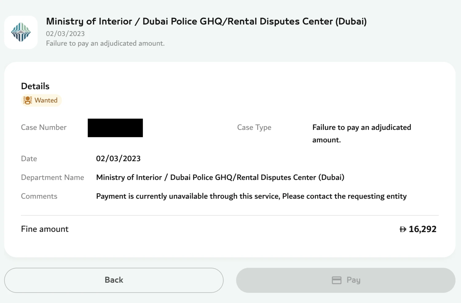 Official Dubai Police record marked Wanted